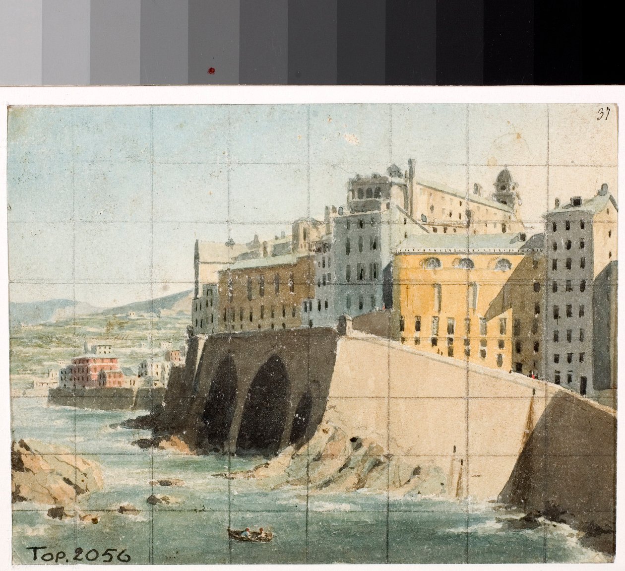 Kilátás a falakra a tengeren Genovában (akvarell, kb. 1822) alkotó: Luigi Garibbo