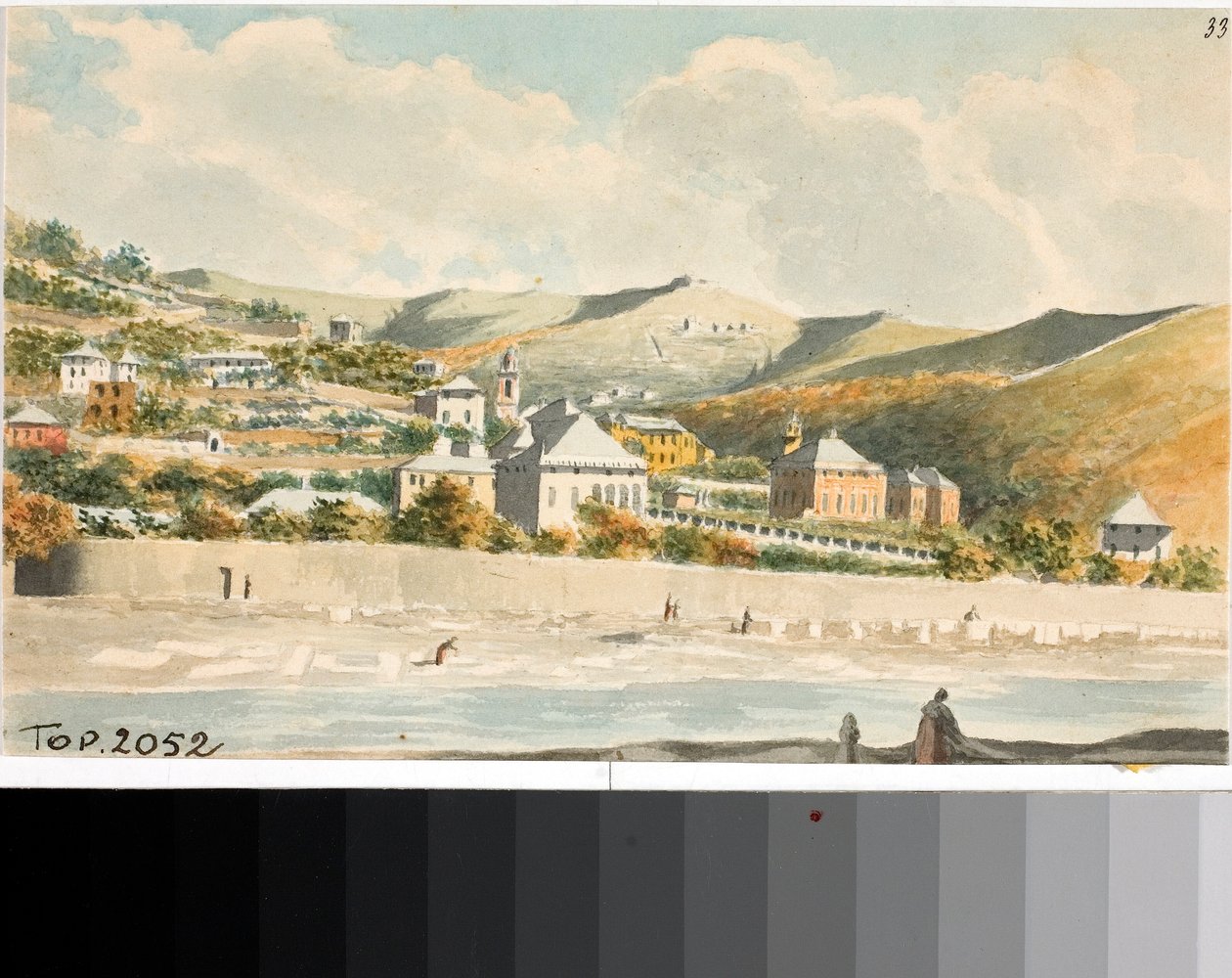 Kilátás a Marassi-hegyre a Genova melletti Santa Margherita templom harangtornyával (akvarell, kb. 1825) alkotó: Luigi Garibbo