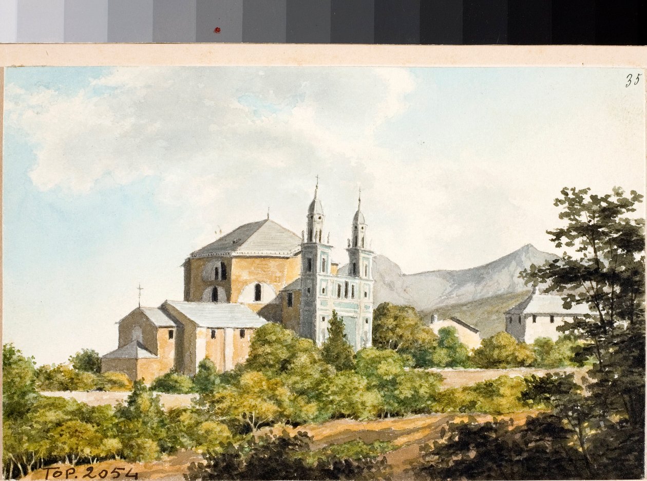 Kilátás az ss Nazarius és Celsus templomra Arenzanóban, Genovában (akvarell, kb. 1825) alkotó: Luigi Garibbo