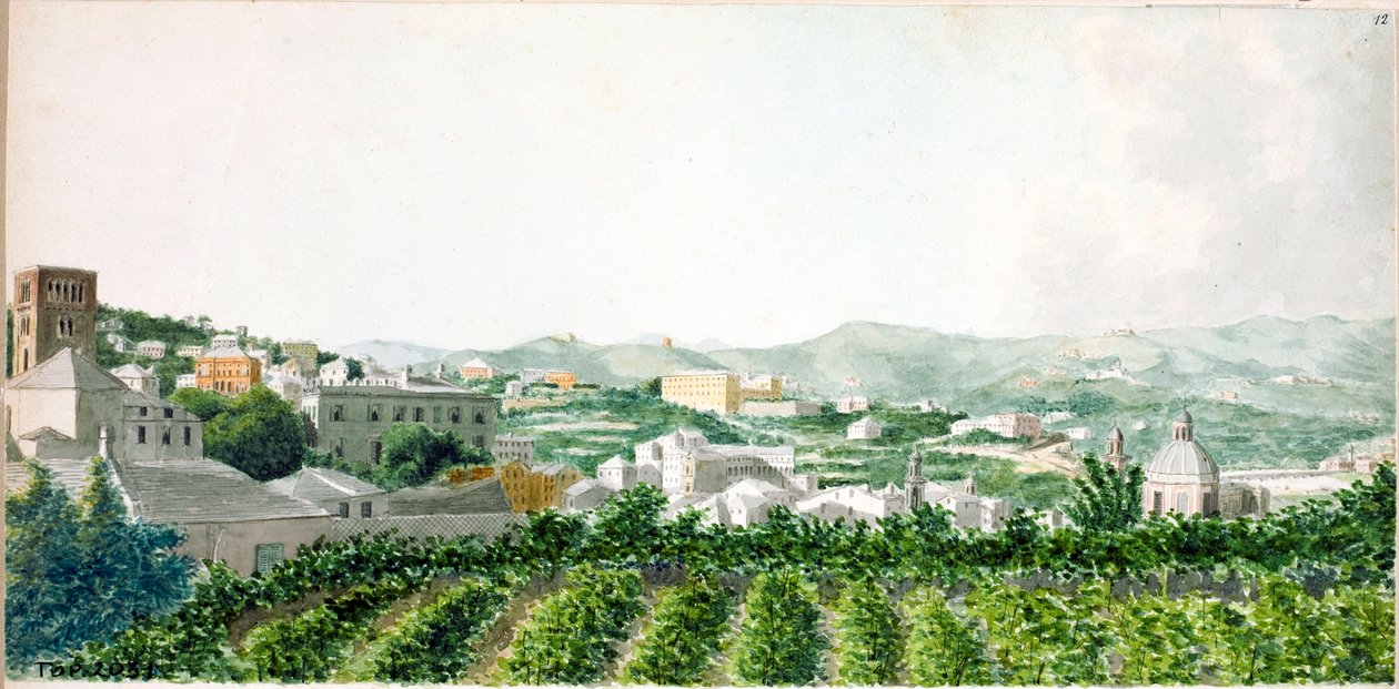 Kilátás Genova városára a Santo Stefano harangtoronnyal (akvarell, kb. 1825) alkotó: Luigi Garibbo