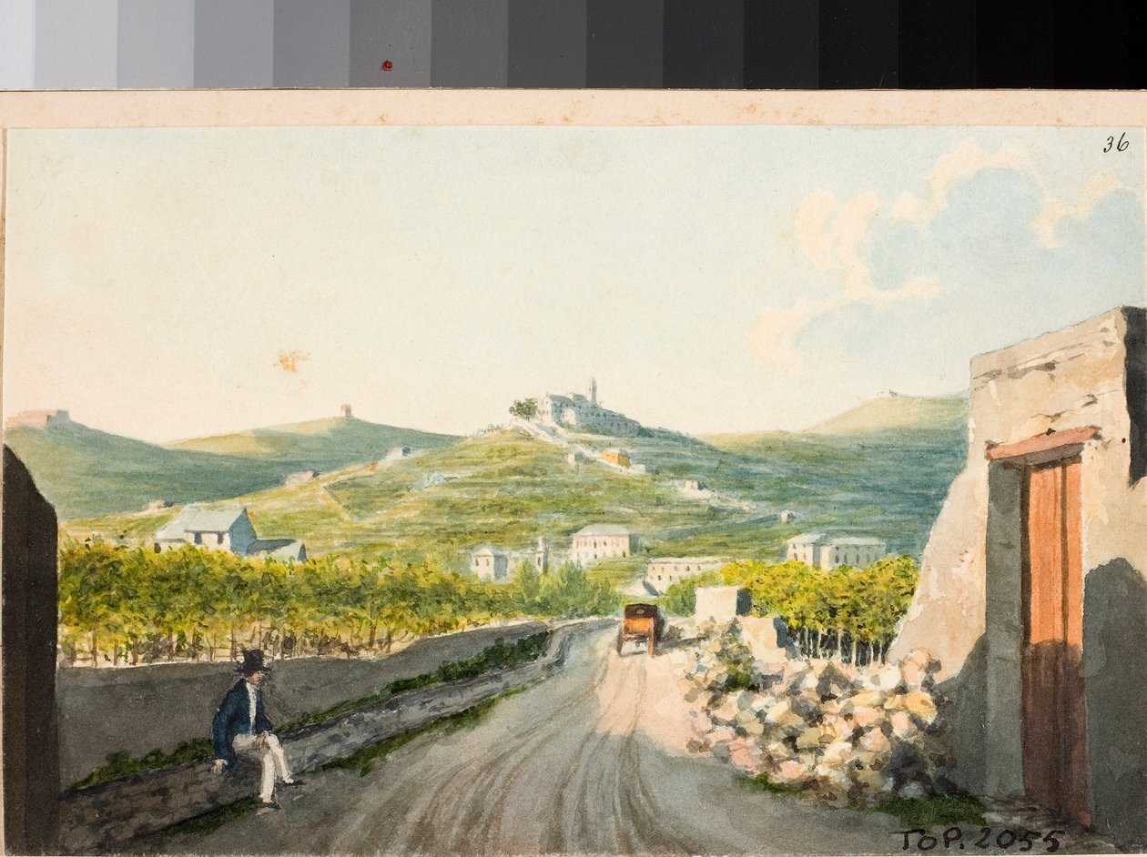 Kilátás a Nostra Signora del Monte szentélyre, Genova (akvarell, 1825 körül) alkotó: Luigi Garibbo