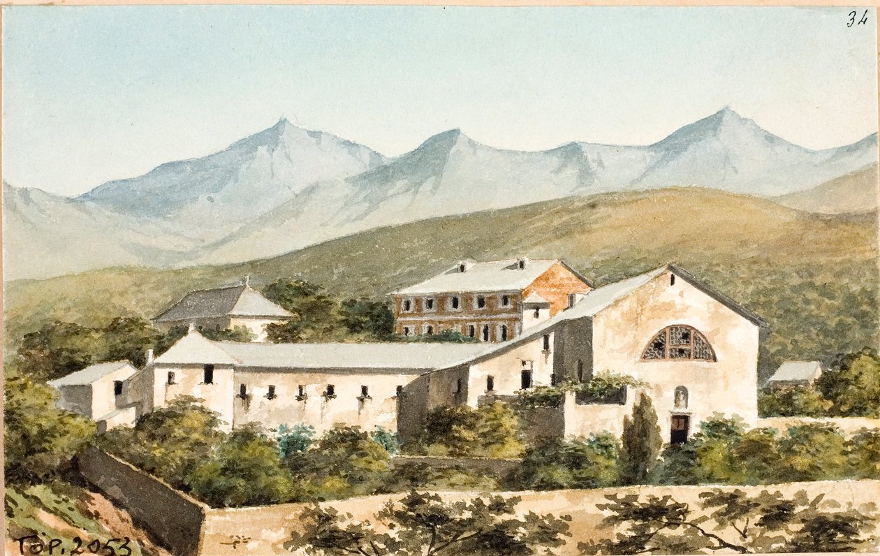 Kilátás a Genovai Nostra Signora del Monte szentélyre (akvarell, 1825 körül) alkotó: Luigi Garibbo