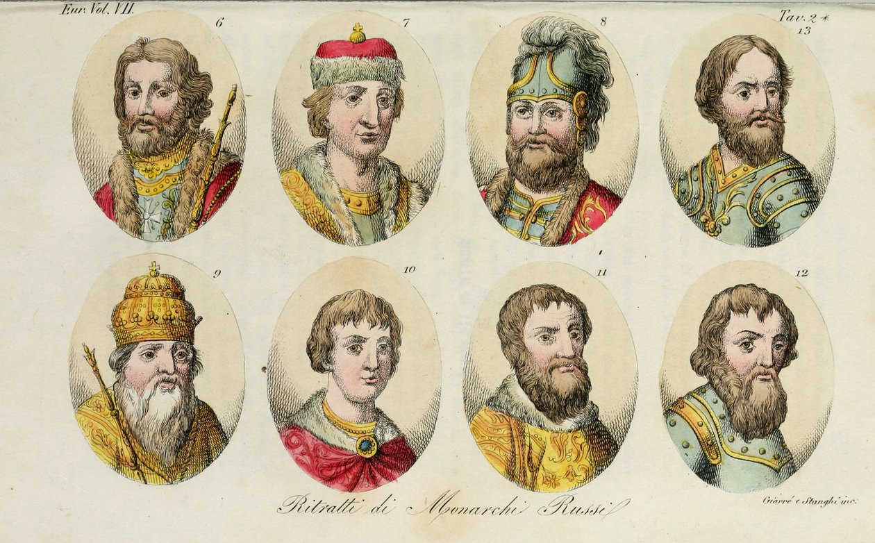 SH. Yaroslav sh. Szvjatoszlav I 8. Szvjatopolk I. Vlagyimir Monomakh 10. Jurij I 11. Iván I 12. Dmitro Donskoj 13. Iván III, 1831 alkotó: Luigi Giarrè
