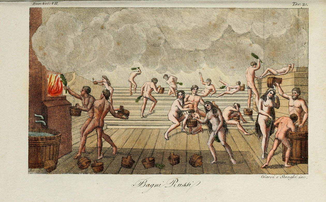 Orosz fürdő. Illusztráció az ókori és újkori szokások vagy kormányzás történetéből… Giulio Ferrario, 1831 alkotó: Luigi Giarrè