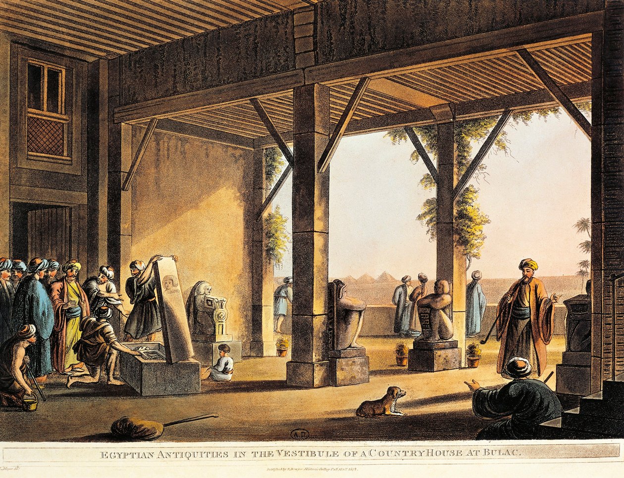 Egyiptomi régiségek egy Boulaq-ház udvarán a Views in Egypt című művéből, Luigi Mayer, metszet alkotó: Luigi Mayer