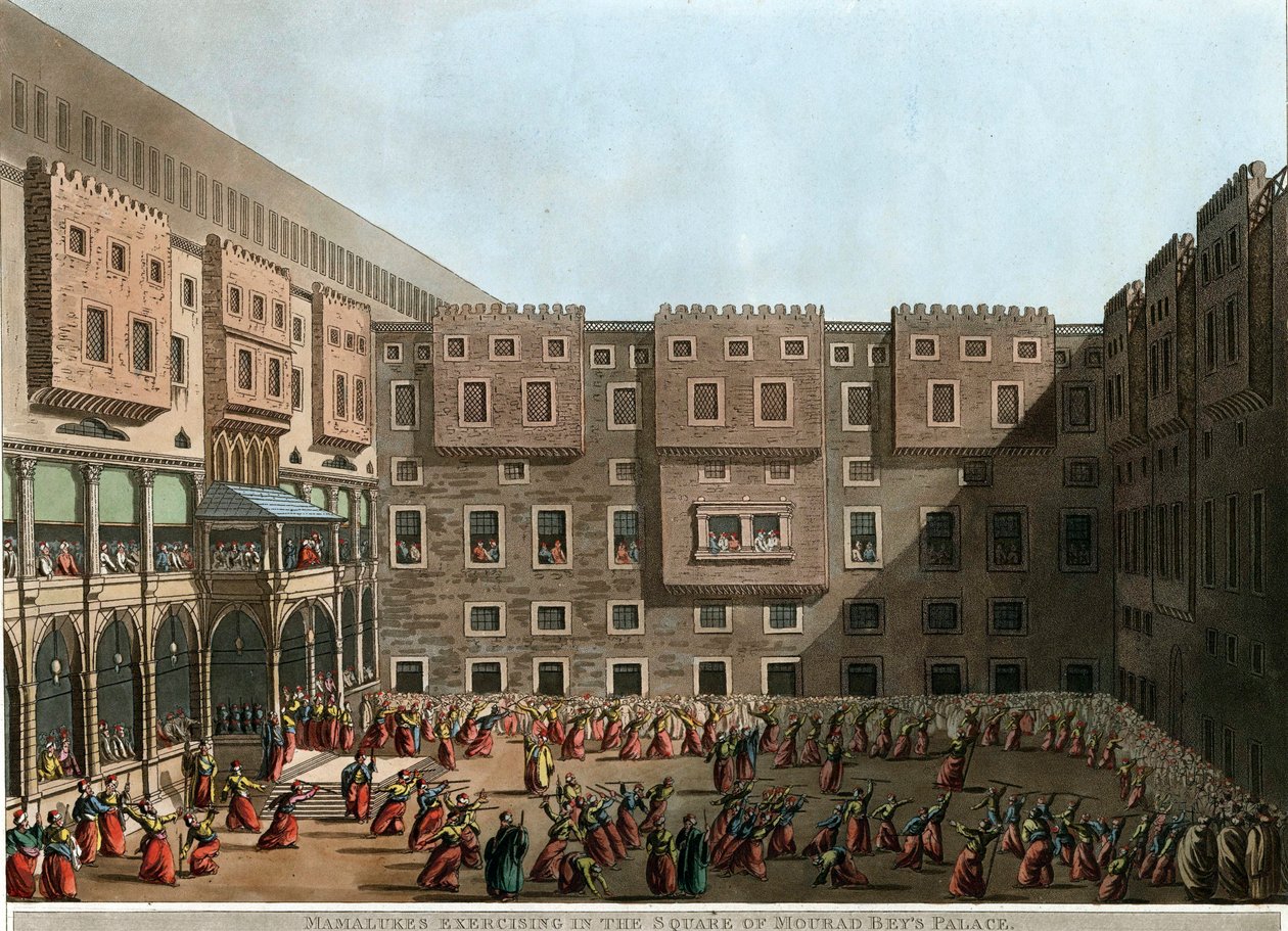 ""Mameluk edzés a Mourad Bey palota udvarán, Tunisz" (A mameluk gyakorlatok a Murad bég palota terén) Luigi Mayer (1755-1803) litográfiája - 1802 Méret: 22,9x31,6 cm Magángyűjtemény alkotó: Luigi Mayer
