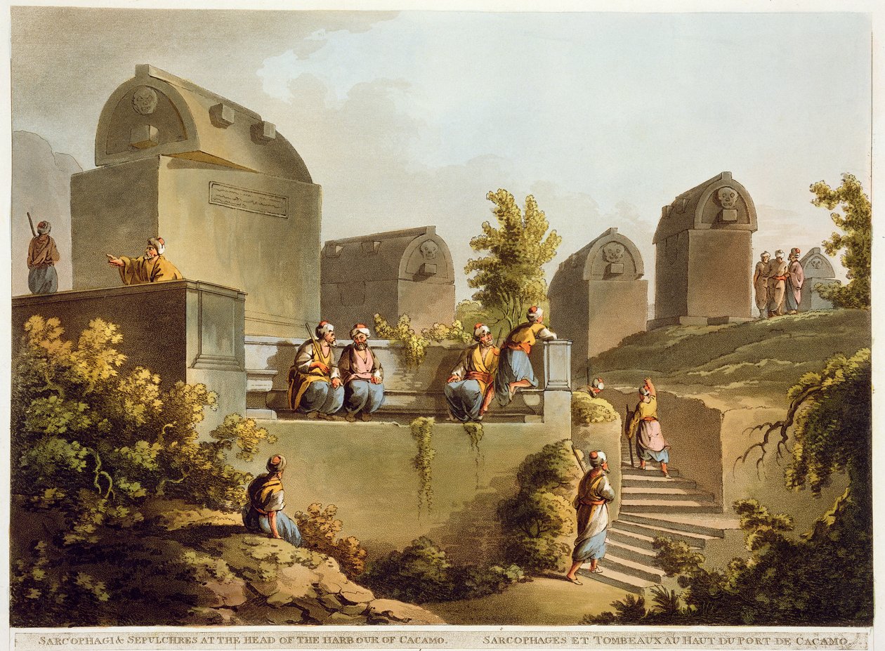 Szarkofágok és sírok a cacamói kikötő fejében, Robert Bowyer (1758-1834) által kiadott „Nézetek az Oszmán Birodalomban” című művéből, 1803 (akvatinta) alkotó: Luigi Mayer