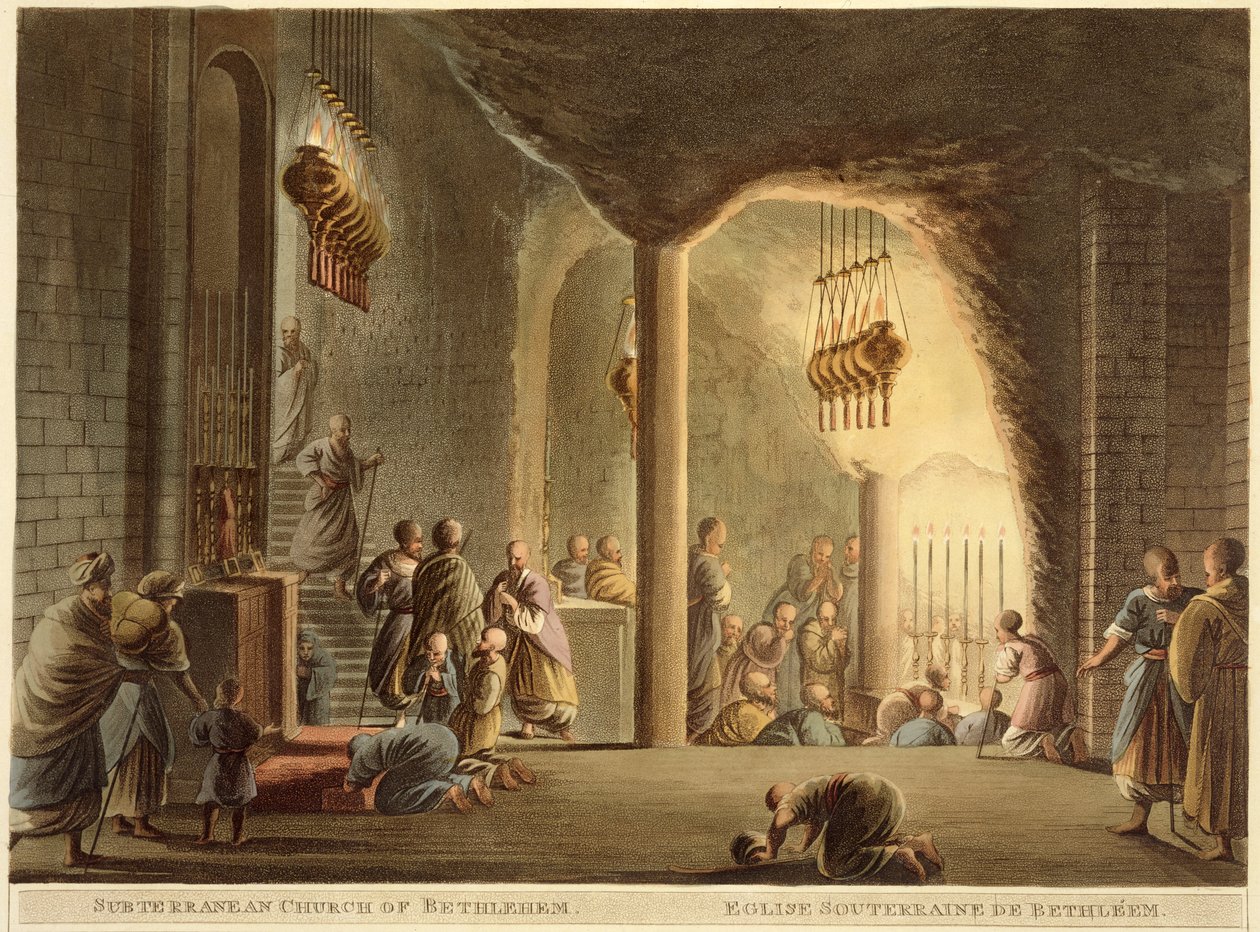 Betlehemi földalatti templom, a "Views of Palestine" II. kötetéből, kiadta R. Bowyer Historic Gallery, London, 1803 (színes aquatinta). alkotó: Luigi Mayer