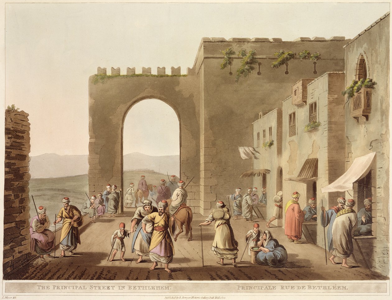 The Principal Street Betlehemben, a „Views of Palestine” II. kötetből, kiadó: R. Bowyer Historic Gallery, London, 1803 (színes akvatinta) alkotó: Luigi Mayer