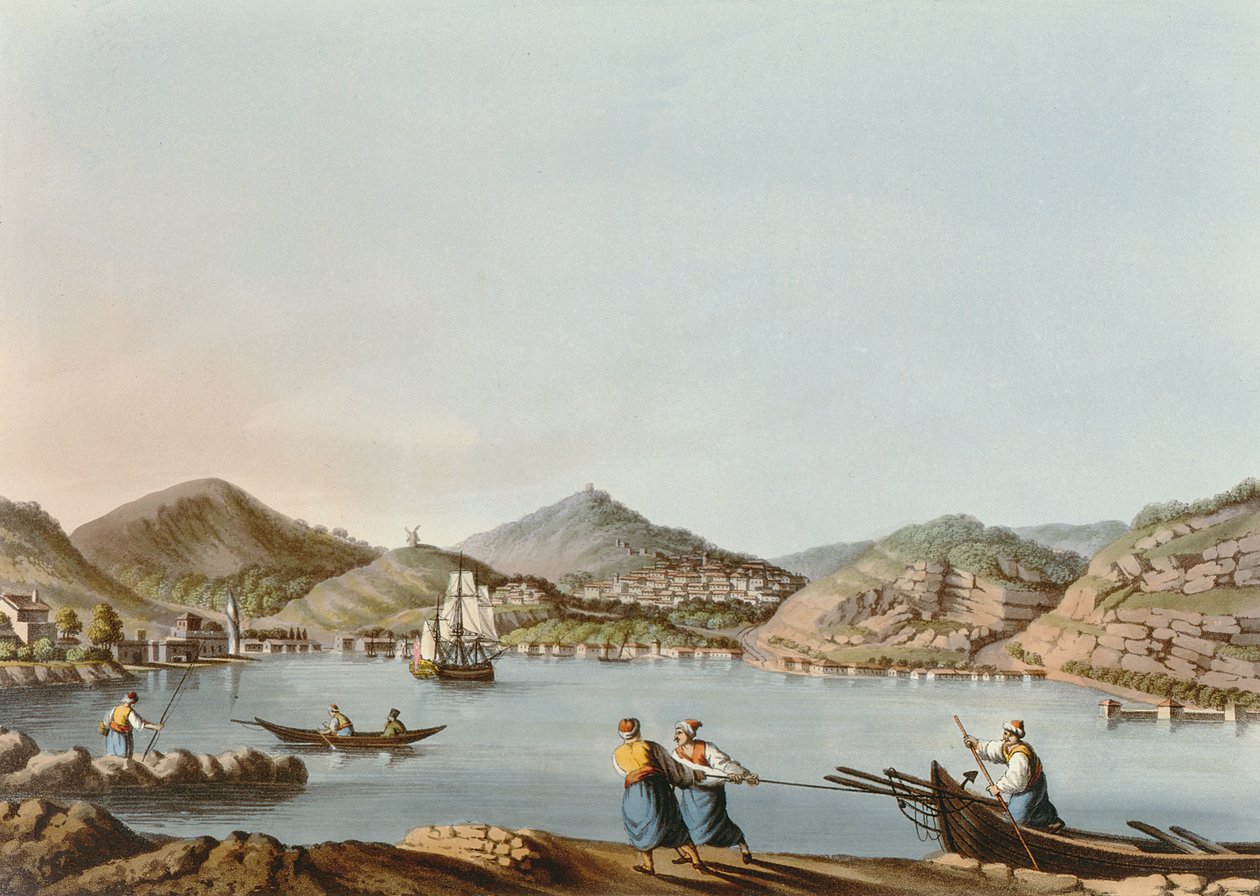A Samos-sziget nyugati kikötője, 60-as tábla a Views in the Ottoman Dominions-ból, kocsma. R. Bowyer, 1810 (akvatinta) alkotó: Luigi Mayer
