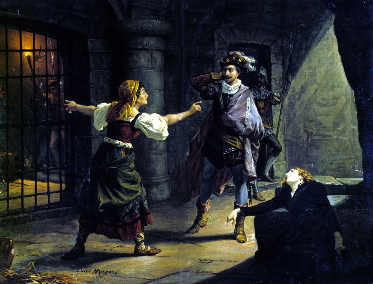 Le Fere (Il Trovatore), Giuseppe Verdi (1813-1901). Luigi Morgari kromolitográfiája alkotó: Luigi Morgari