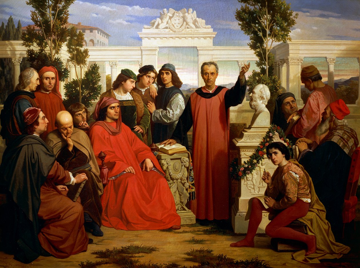 Platón születésnapja és szülői születésnapja (i.e. 428-348 vagy ie 427 vagy 347), amelyet Lorenzo Magnificent a Villa di Careggiben ünnepelt alkotó: Luigi Mussini