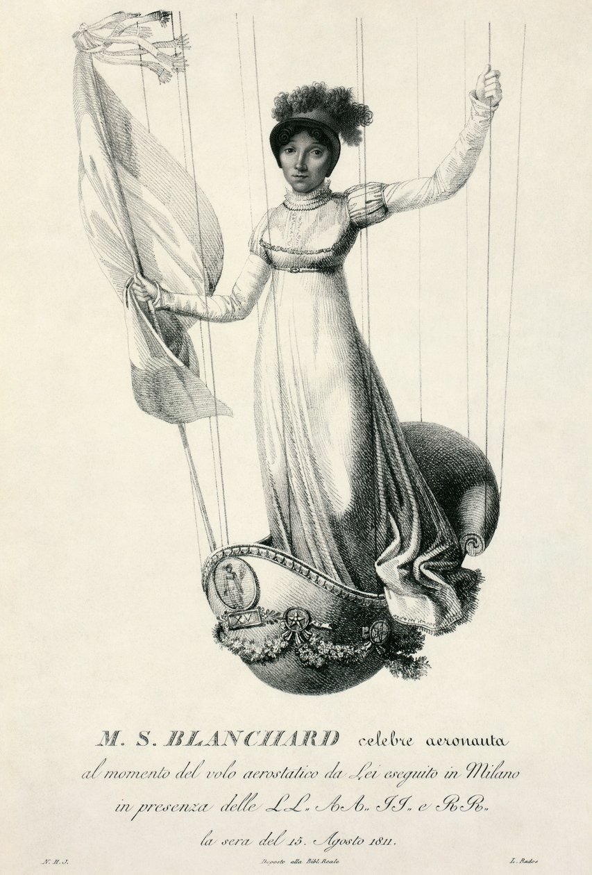 Sophie Blanchard francia ballonos portréja repülés közben Milánóban, 1811-ben alkotó: Luigi Rados