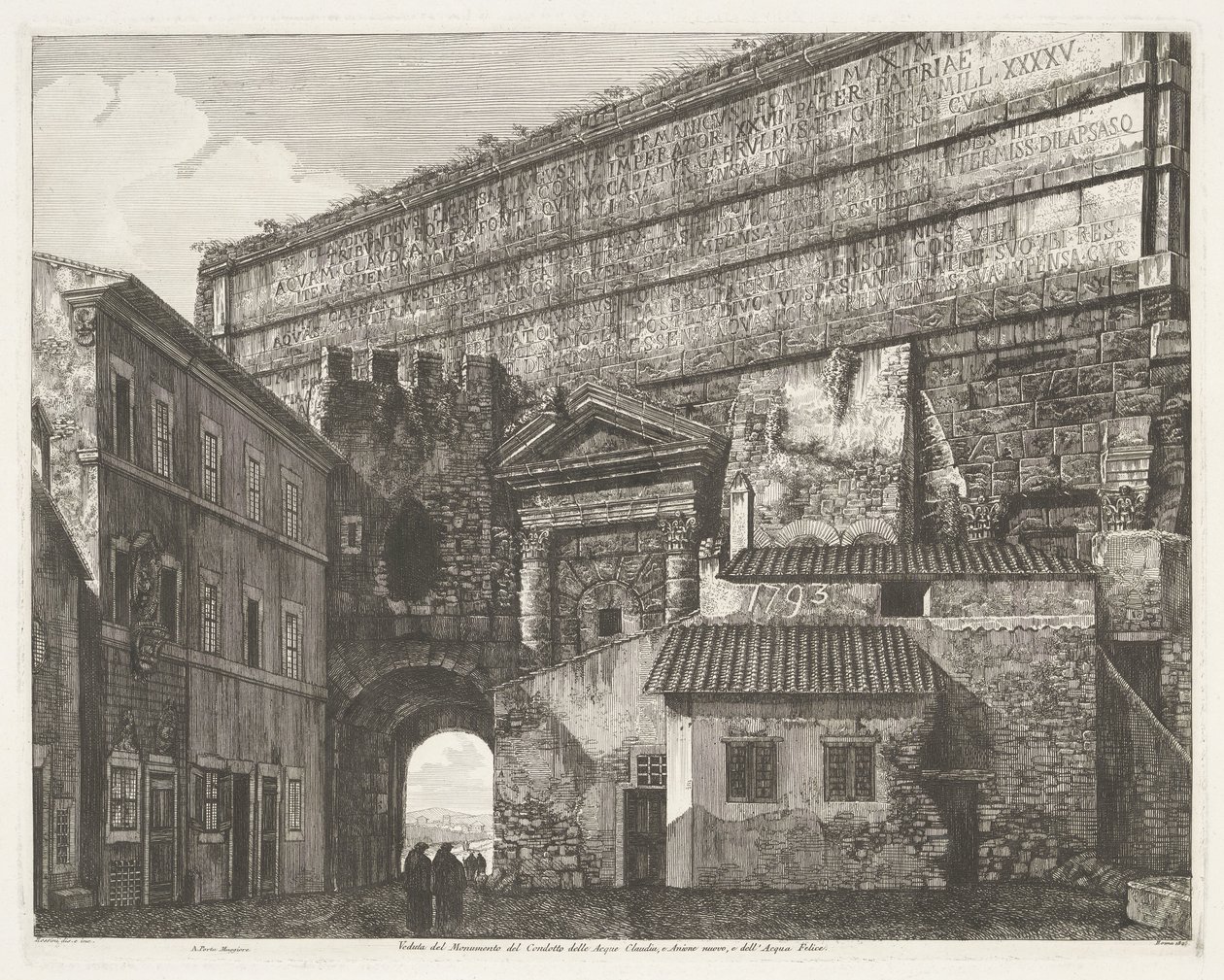 Porta Maggiore Rómában Kilátás a Condotto delle Acque Claudia és az Anione Nuovo emlékművére, valamint az Acqua Felice-re (cím a tárgyon) alkotó: Luigi Rossini