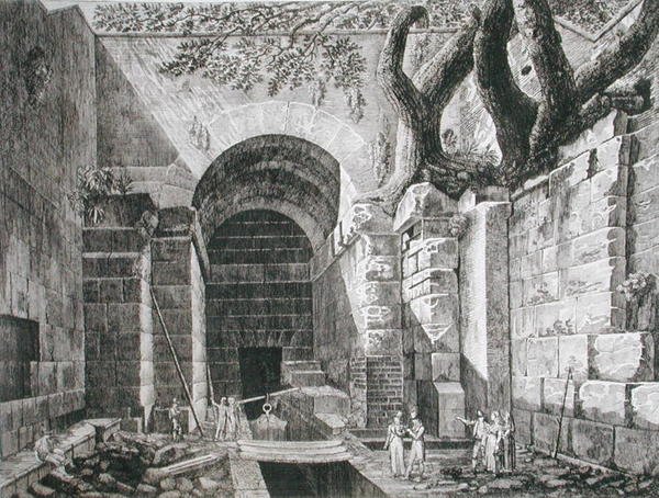 Római maradványok Castel Gandolfónál, Albanói-tónál, a "Le Antichita dei Contorni di Roma" című, 1824-26-ban megjelent műből (metszet). alkotó: Luigi Rossini