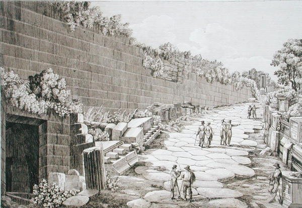 Római út Tusculóba, az 1825-ös első ásatás után, a „Le Antichita dei contorni di Roma” című könyvből, 1824–26 (rézkarc) alkotó: Luigi Rossini