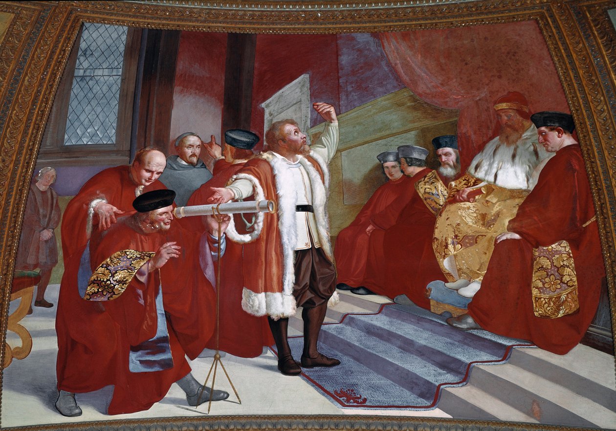 Galilea dit Galileo Galilei (1564-1642) a dózse jelenlétében. A tudós a távcsövet a velencei szenátusban mutatja be a Szent Márk tér harangtornyában. Luigi Sabatelli (1772-1850) festménye. Freskó. Firenze, Tribuna Galileiana alkotó: Luigi Sabatelli