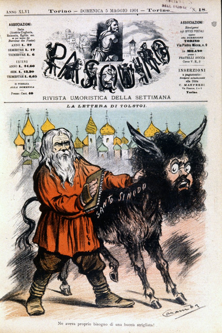 Luigi Sapelli Caramba (1865-1936) karikatúrája Tolsztojról Tolsztojnak a Szentszéknek küldött leveléről. A Pasquino borítója 1901.05.05. alkotó: Luigi Sapelli Caramba