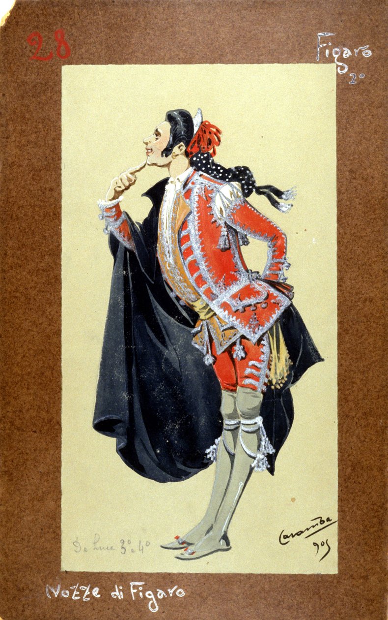 Wolfgang Amadeus Mozart 1786-os Figaro, "Figaro esküvője" karakterének ábrázolása. Luigi Sapelli Caramba (1865-1936) jelmeze alkotó: Luigi Sapelli Caramba