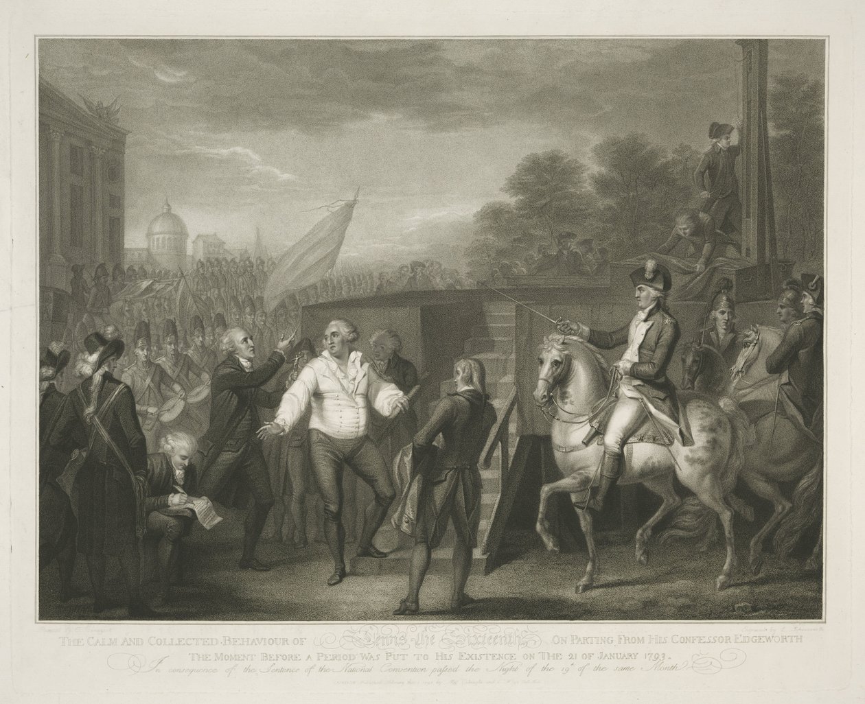 Lodewijk XVI bij het schavot Tizenhatodik Lewis higgadt és összeszedett viselkedése, amikor elvált gyóntatójától, Edgeworth-től / egy korszak előtti pillanatban, 1793. január 21-én (cím a tárgyon) alkotó: Luigi Schiavonetti