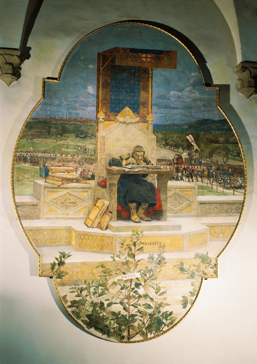 Irnerio régi törvényeket jegyez, Luigi Serra (1846-1888), különálló freskó, 486x355 cm alkotó: Luigi Serra