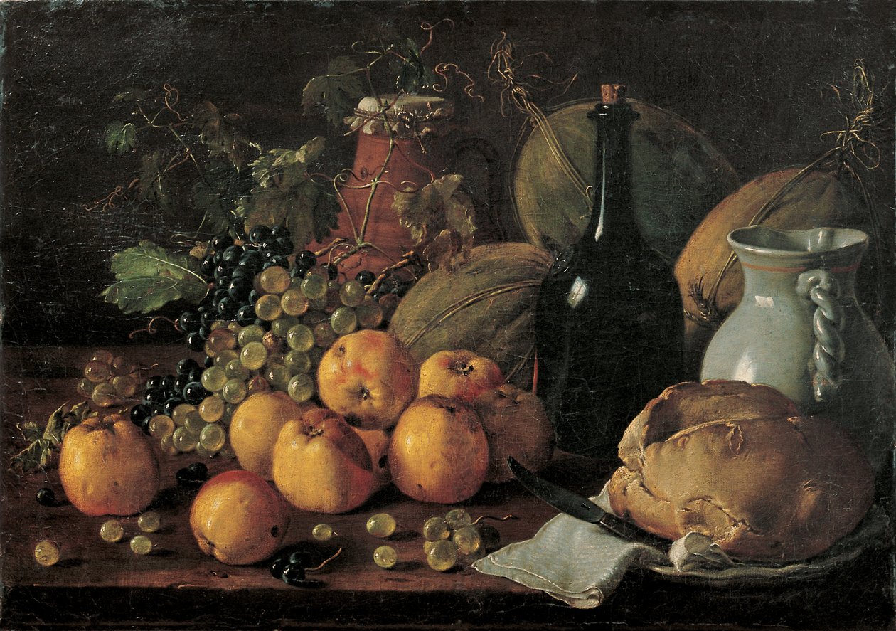 Csendélet almával, szőlővel, dinnyével, kenyérrel, kancsóval és üveggel alkotó: Luis Egidio Melendez