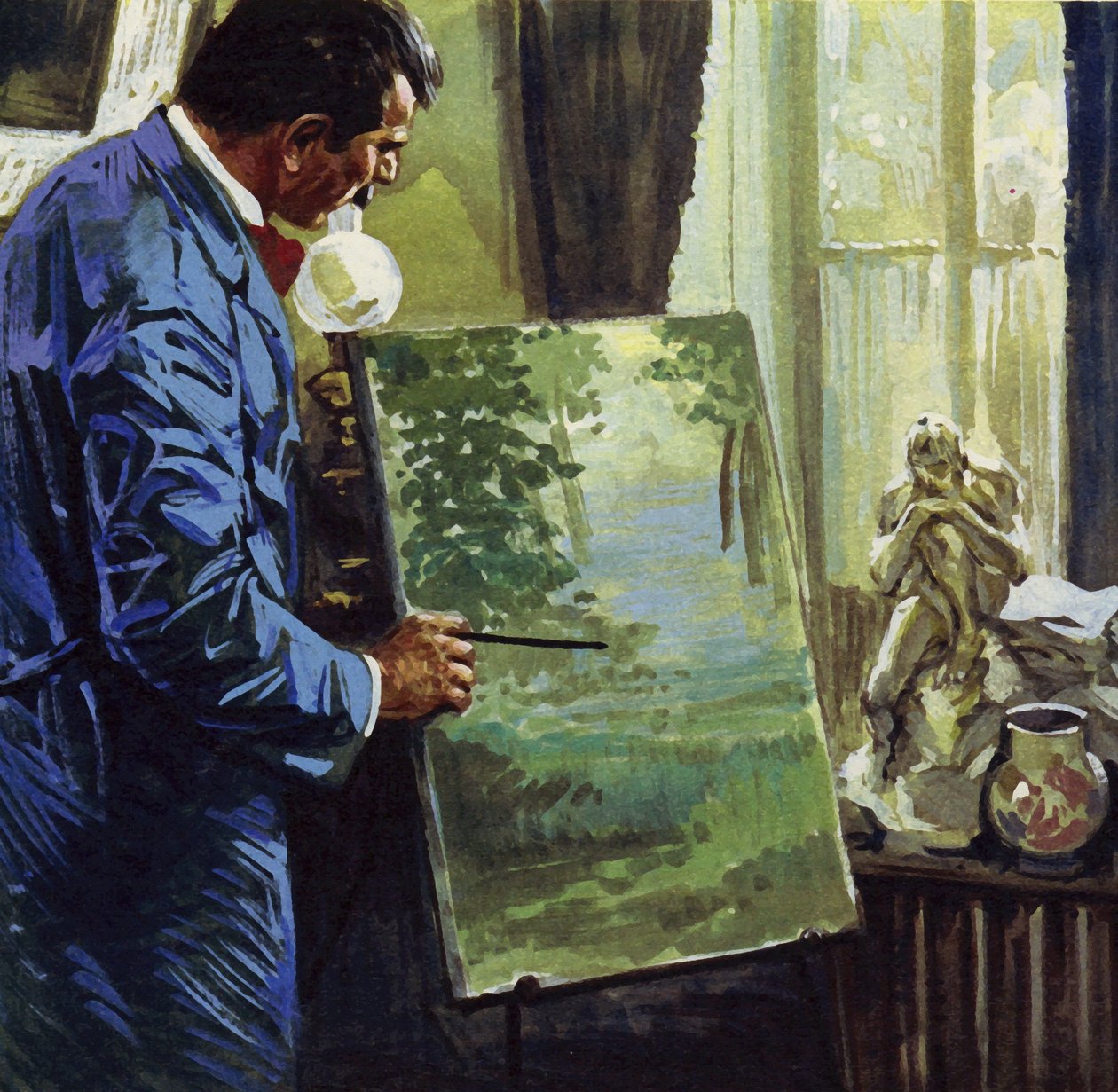 Az impresszionisták által inspirálva Gauguin amatőr festő lett (színes litográfia). alkotó: Luis Arcas Brauner