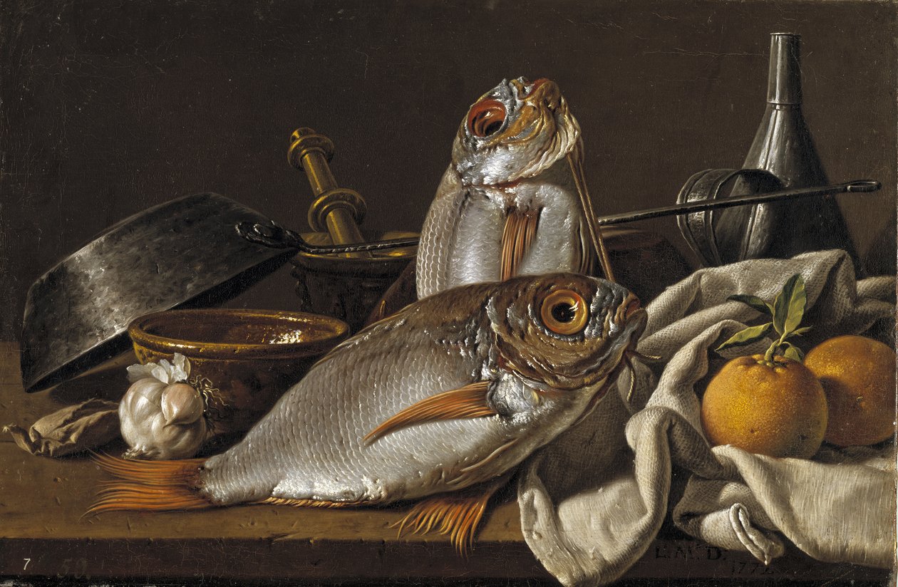 Csendélet keszeggel, naranccsal, fokhagymával és konyhai eszközökkel, 1772 alkotó: Luis Egidio Melendez
