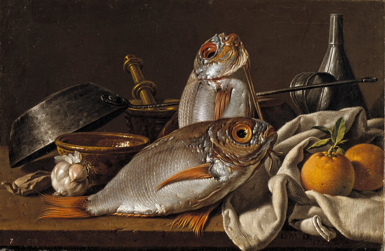 Csendélet keszeggel, naranccsal, fokhagymával és konyhai eszközökkel, Melendez, Luis Egidio (1716-1780) alkotó: Luis Egidio Melendez