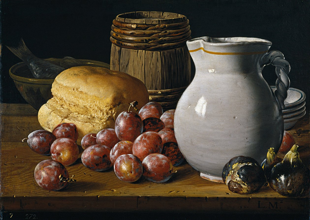 Csendélet szilvával, fügével, kenyérrel és kancsóval par Melendez, Luis Egidio (1716-1780), XVIII. század második fele. - Olaj, vászon, 35x48 - Museo del Prado, Madrid alkotó: Luis Egidio Melendez