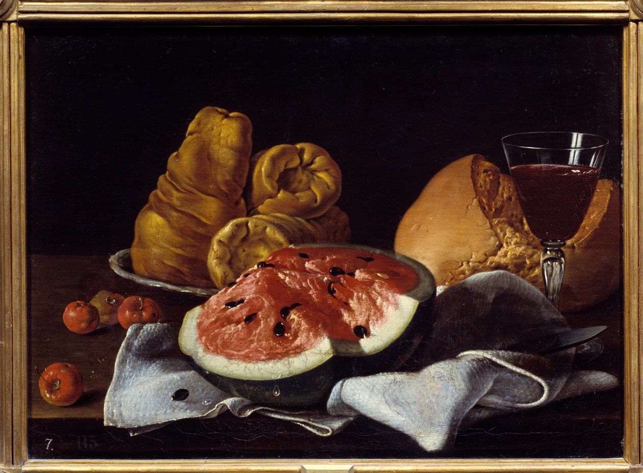 Paszta, kenyér, sütemény és borospohár. Luis Melendez (1716 - 1780), spanyol iskola festménye alkotó: Luis Egidio Menendez or Melendez