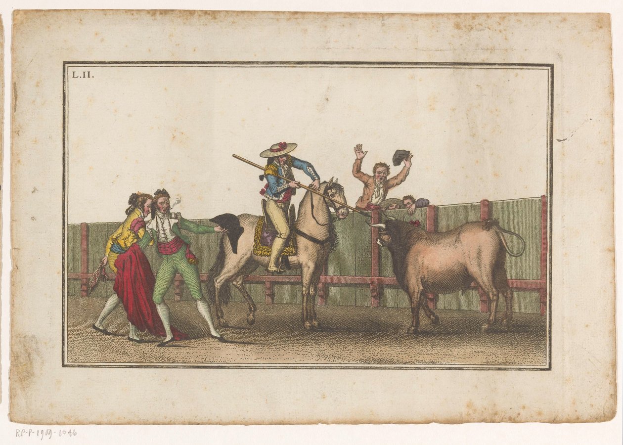 Picador egy bikára irányítja lándzsáját Coleccion de las Principles suertes de una corrida de toros (sorozat címe) A legfontosabb bikaviadal manőverek gyűjteménye (sorozat címe) alkotó: Luis Fernandez Noseret