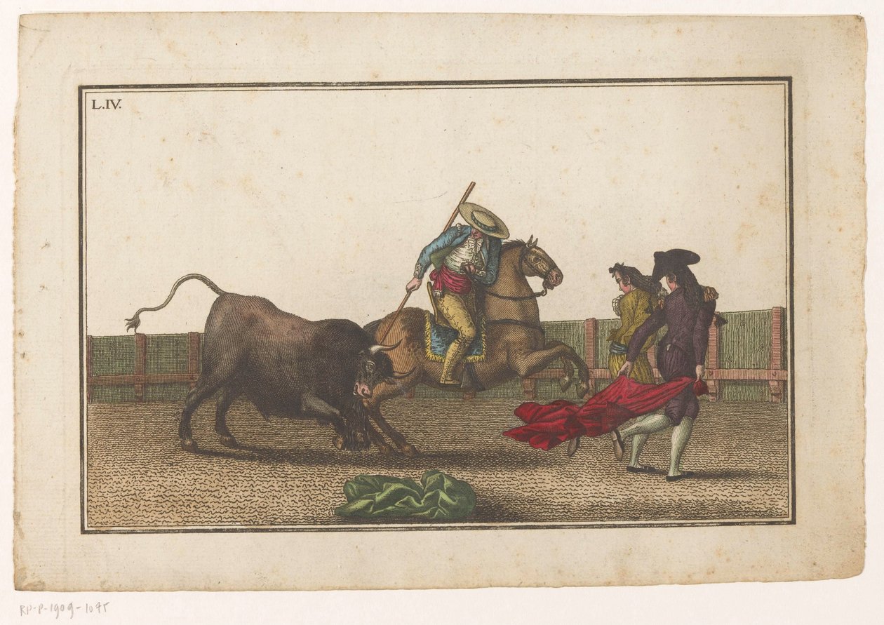 Picador egy bikába szúrja a lándzsáját Coleccion de las Principles suertes de una corrida de toros (sorozat címe) A legfontosabb bikaviadal manőverek gyűjteménye (sorozat címe) alkotó: Luis Fernandez Noseret