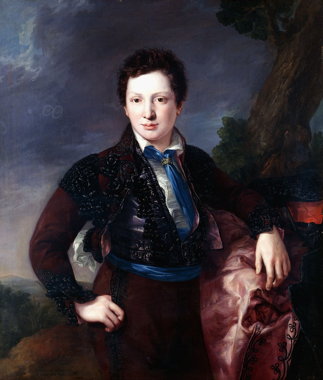 Don Matias Edmundo Tirel és Gomez de las Casas, a leendő Ulagares második márki és Castel Ruiz vikomt portréja, háromnegyed hosszában majonak öltözve állva, 1833 alkotó: Luis Lopez Piquer