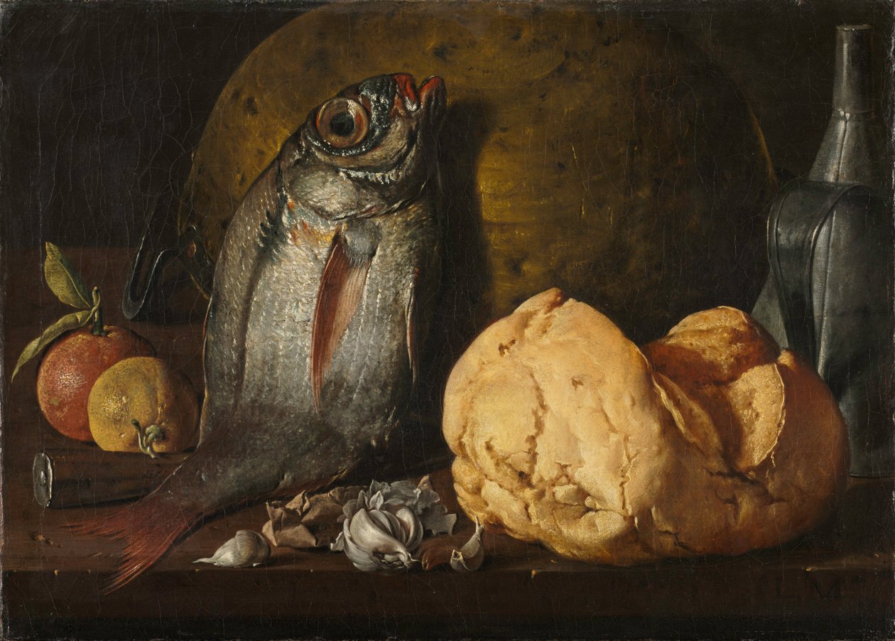 Csendélet hallal, kenyérrel és vízforralóval, c. 1772. alkotó: Luis Egidio Melendez