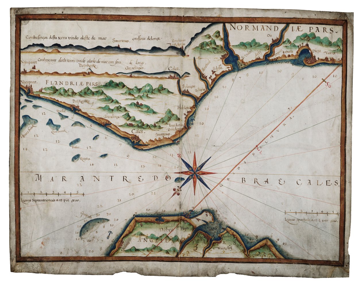 A Dover-szoros térképe, 1587-88 körül (akvarell, pergamen) alkotó: Luis Teixeira