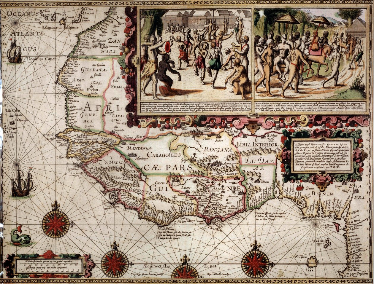 Guinee földrajzi térképe, amelyet Luis Teixera (vagy Teixeira) térképész készített, 1586 körül. A jobb felső sarokban az őslakosok (afrikaiak) táncos jelenete látható. alkotó: Luis Teixeira