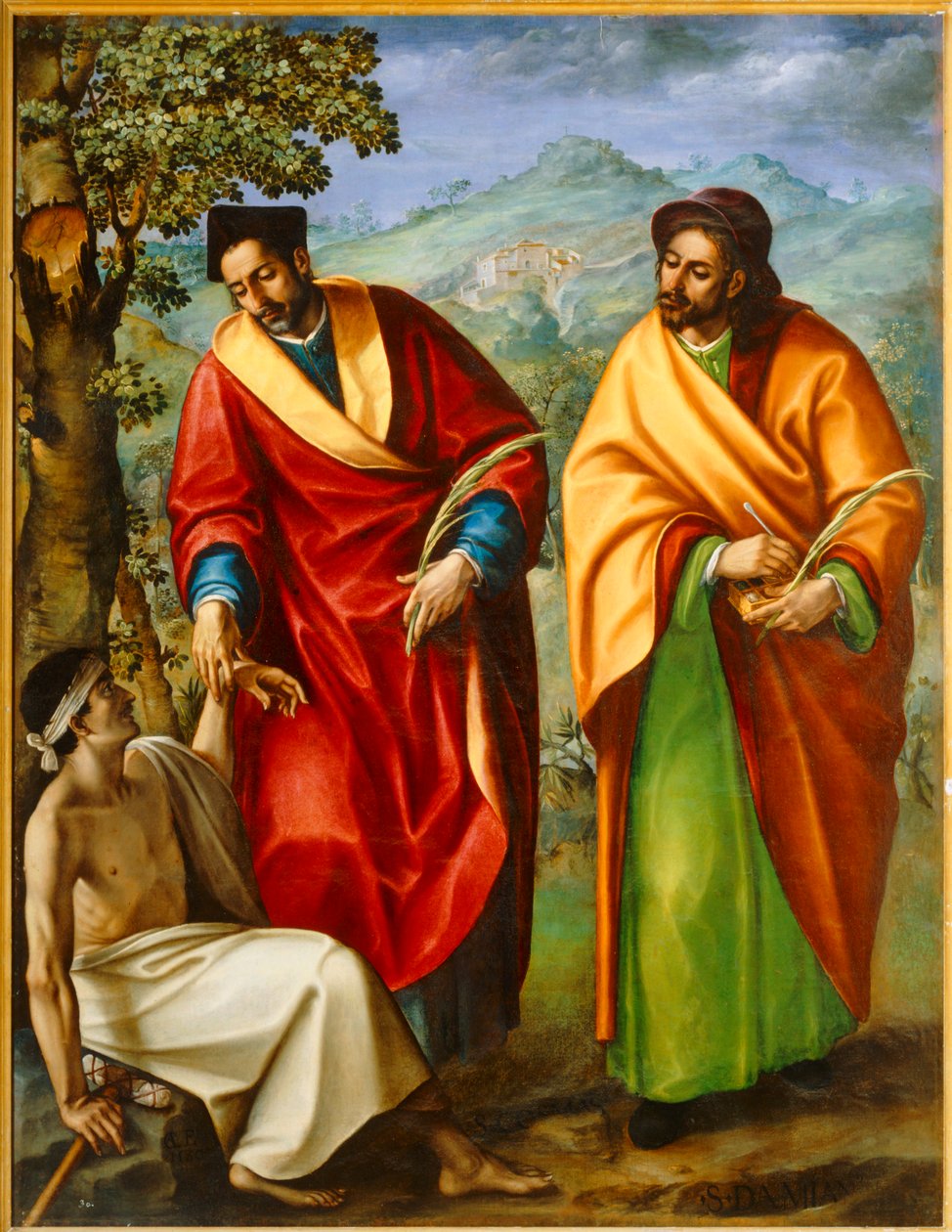 Szent Kozma és Damján, orvosok, amint egy beteget gyógyítanak ... alkotó: Luis de Carvajal