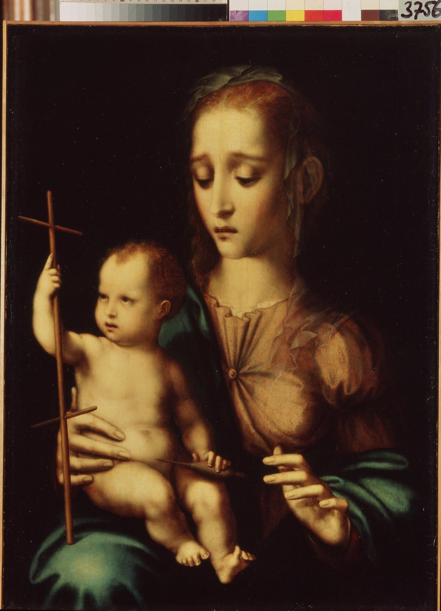 Madonna és gyermek a staffal (Madonna és gyermek a staffal). Luis de Morales festménye (1509/20-1586), 1570 körül. Spanyol művészet, manierista stílus. Ermitázs Múzeum, Szentpétervár. alkotó: Luis de Morales