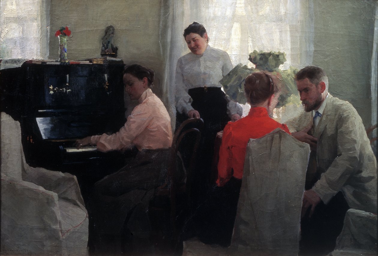 A színlelő (fiatal férfi, aki két női kísérő felügyelete alatt udvarol, egyikük zongorázik) (Seprű) - Lukian Vasziljevics Popov (1873-1914) festménye, olaj, vászon (54x80 cm) alkotó: Lukjan Vasilievich Popov