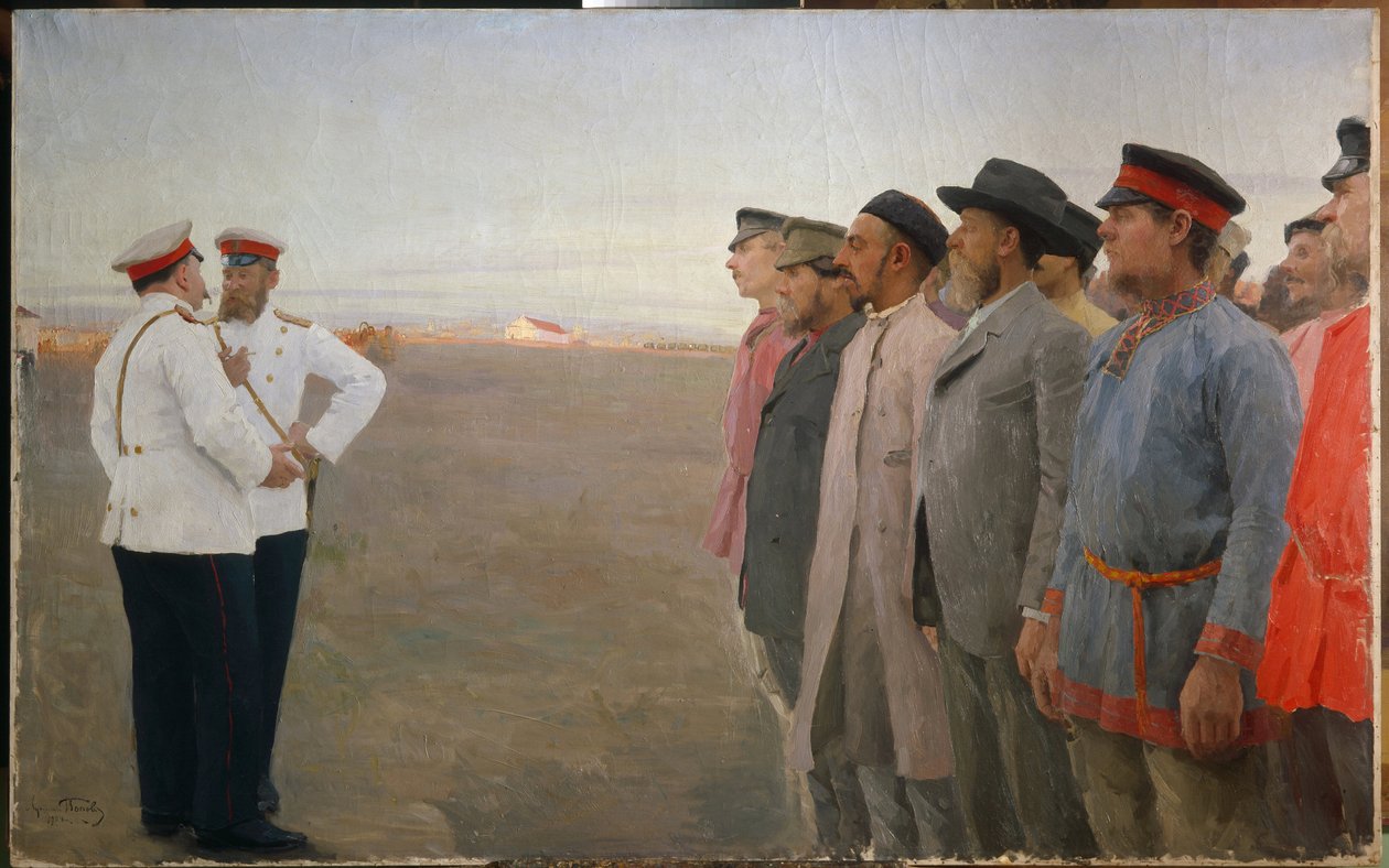 Toborzás – Lukian Vasziljevics Popov (1873-1914) festménye, olaj, vászon alkotó: Lukjan Vasilievich Popov