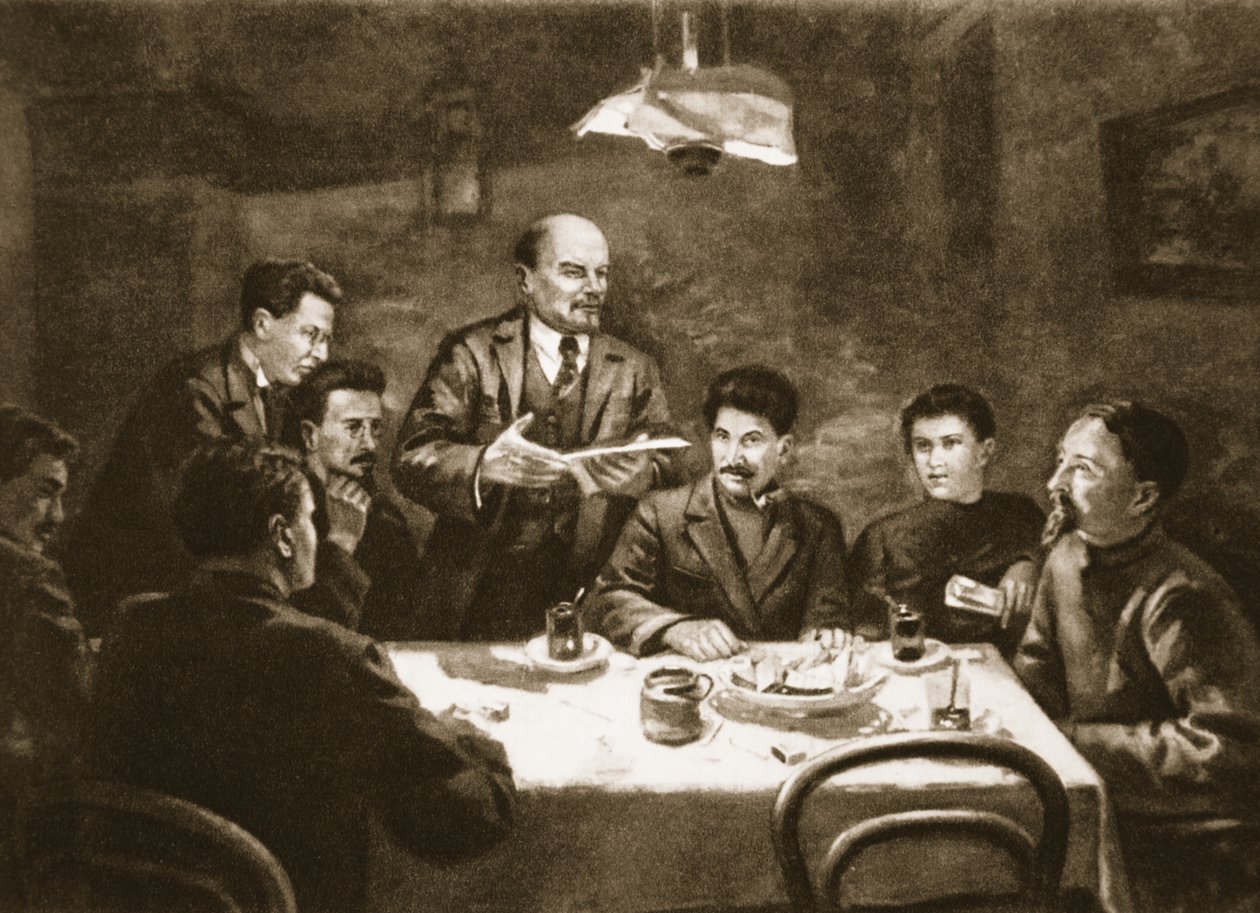 A Bolsevik Párt Központi Bizottságának ülése, 1917. október 23. (litho) alkotó: Lupov (attr. to)