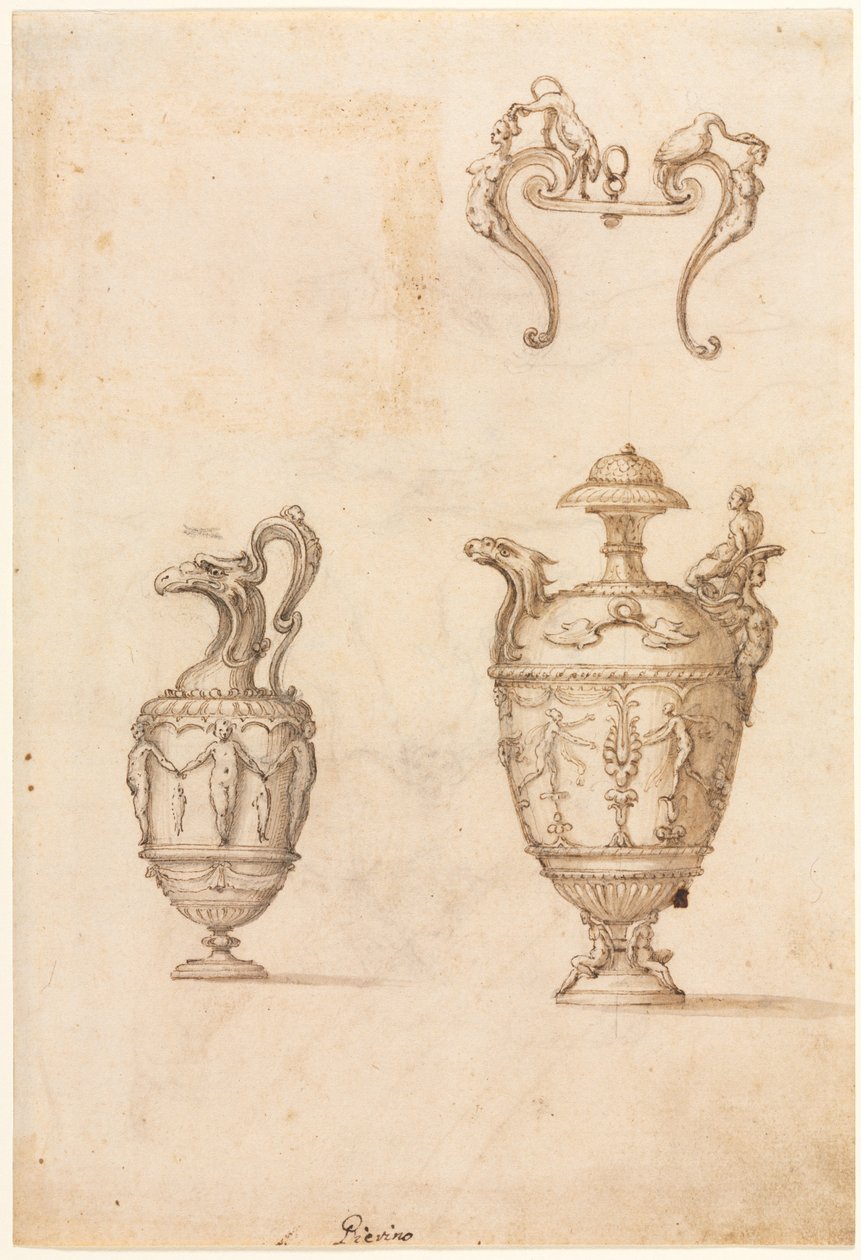 Tervezés két vázához és egy ornament recto-hoz, 1500-as évek közepe. alkotó: Luzio Romano