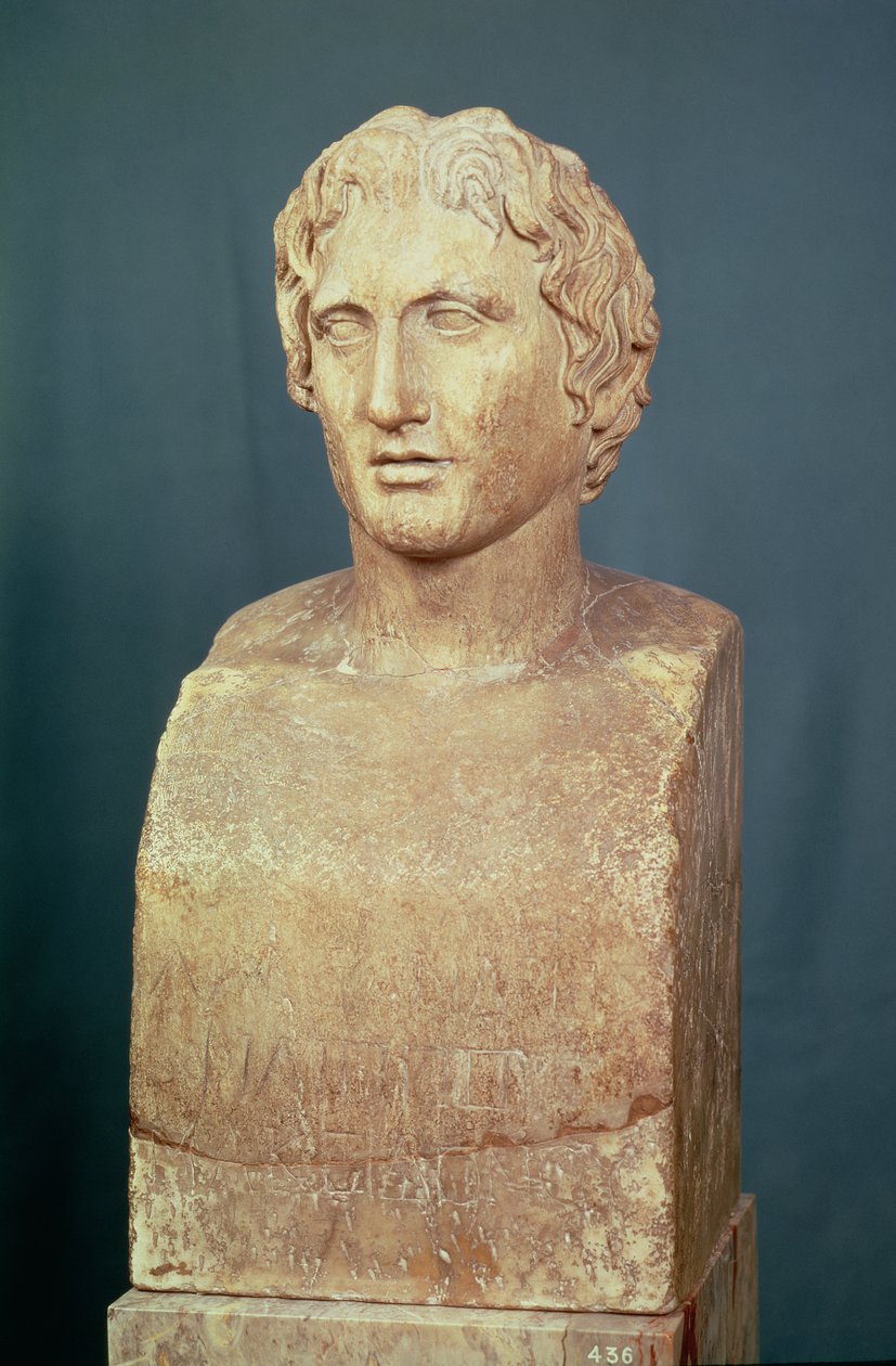 Nagy Sándor (Kr. e. 356-323) arcképes mellszobra, az Azara herm néven ismert, az ie 4. századi eredeti görög másolata (márvány) alkotó: Lysippos (after)