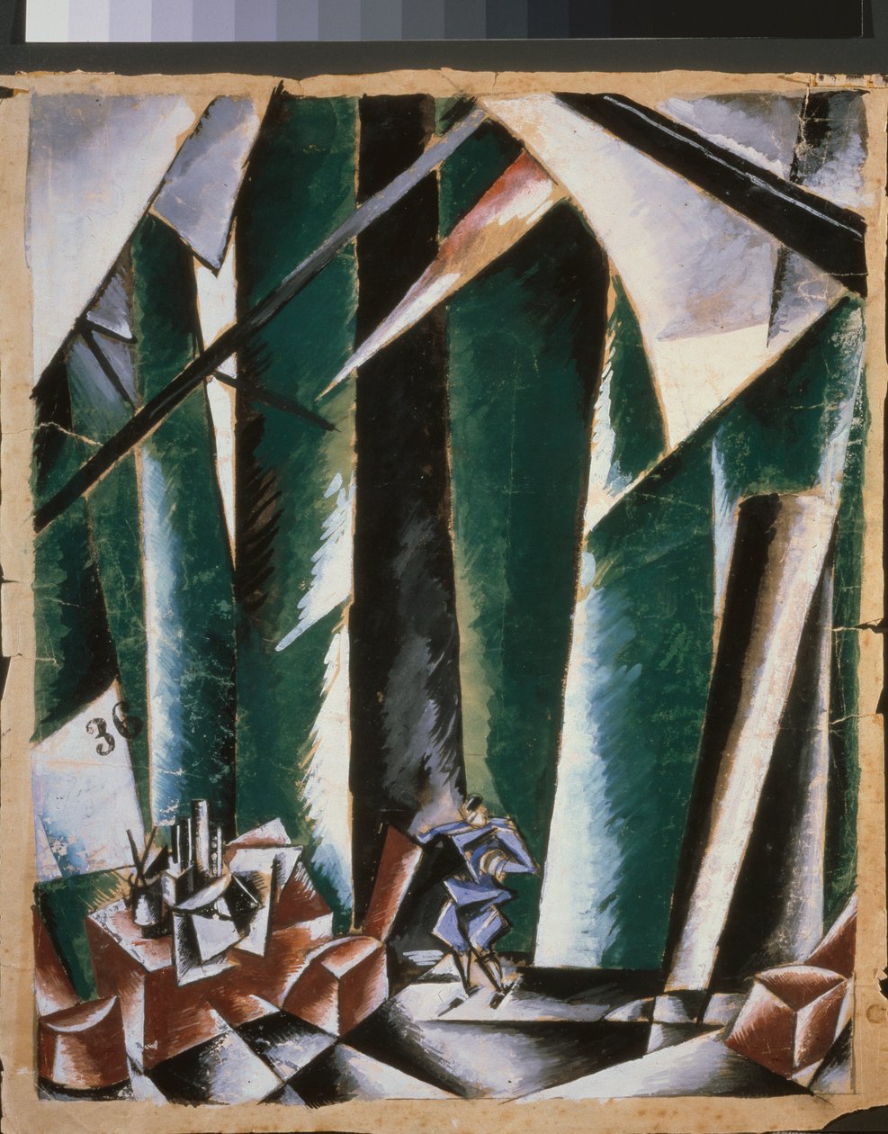 "A kancellár és a lakatos" című darab előkészítő dekorációja. Ljubov (Ljubov) Szergejevna Popova (1889-1924) munkája, gouache és tinta papíron alkotó: Lyubov Sergeevna Popova