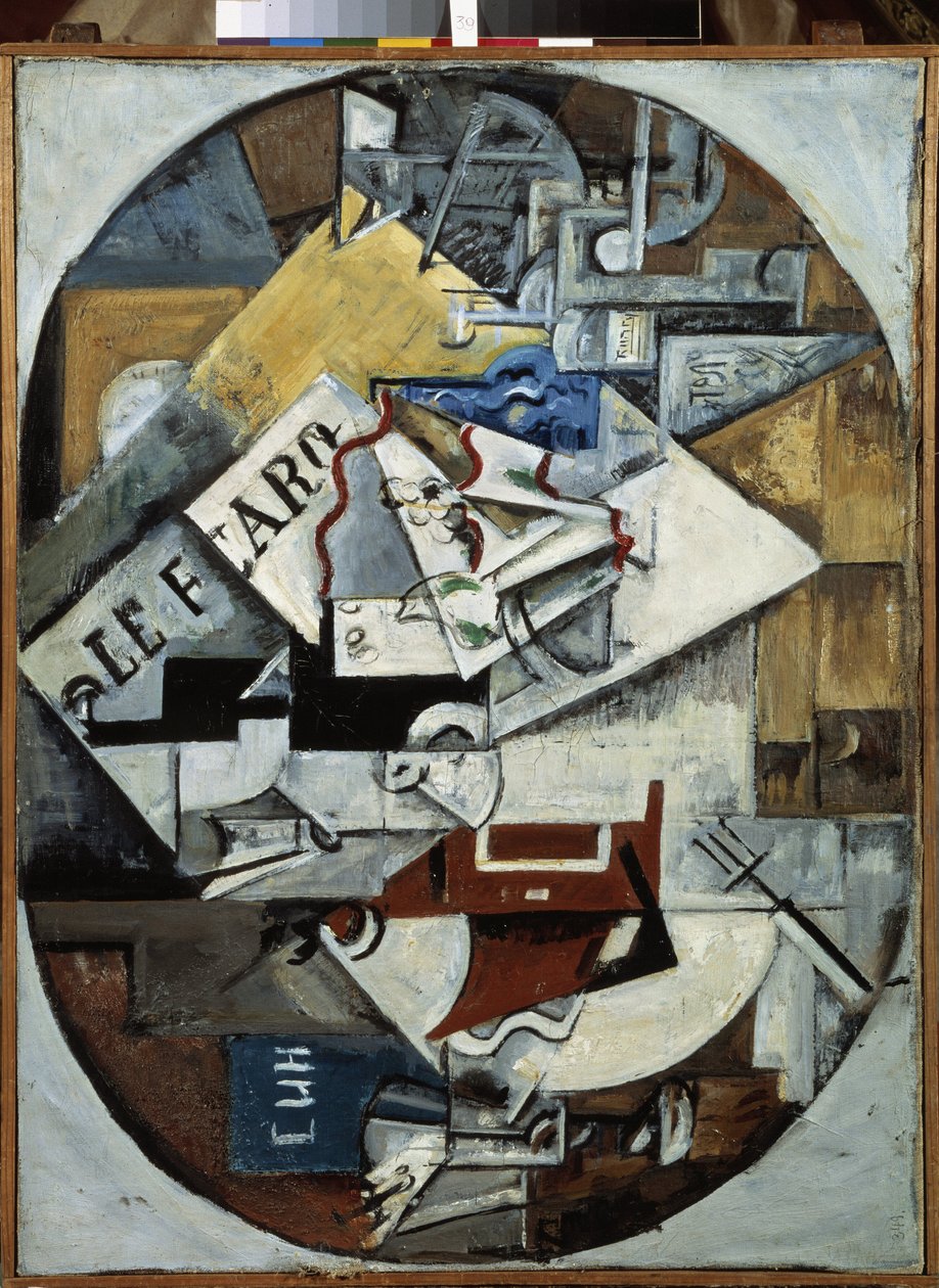 Csendélet. (Le Figaro) Ljubov (Ljubov) Szergejevna Popova (1889-1924) festménye, olaj, vászon alkotó: Lyubov Sergeevna Popova