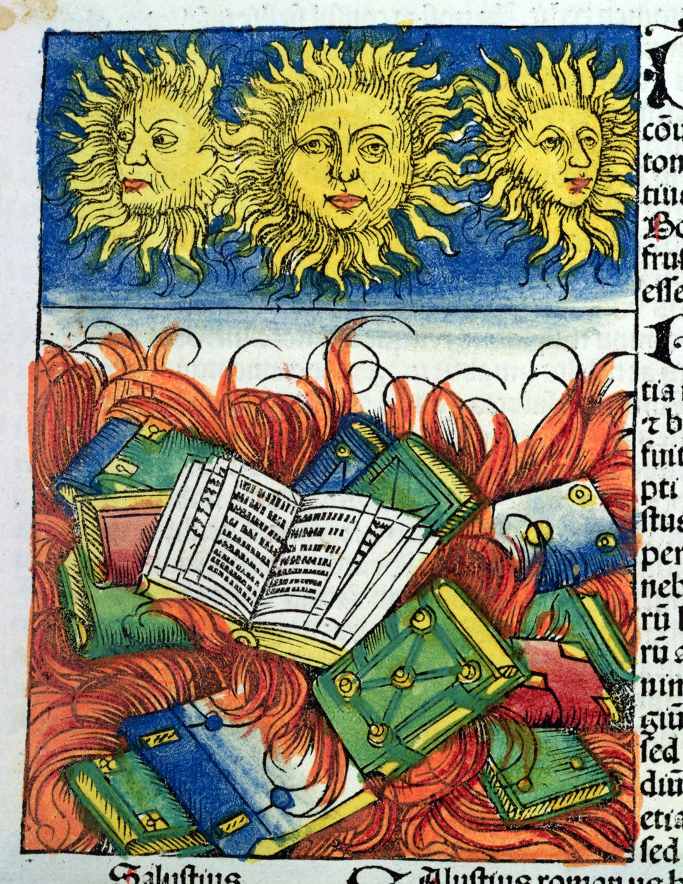 Könyvek autodaféja a középkorban, illusztráció Hartmann Schedel (1440-1514) 1493-as "Nürnbergi krónikájából" (színes fametszet). alkotó: M. and Pleydenwurff, W. Wolgemuth
