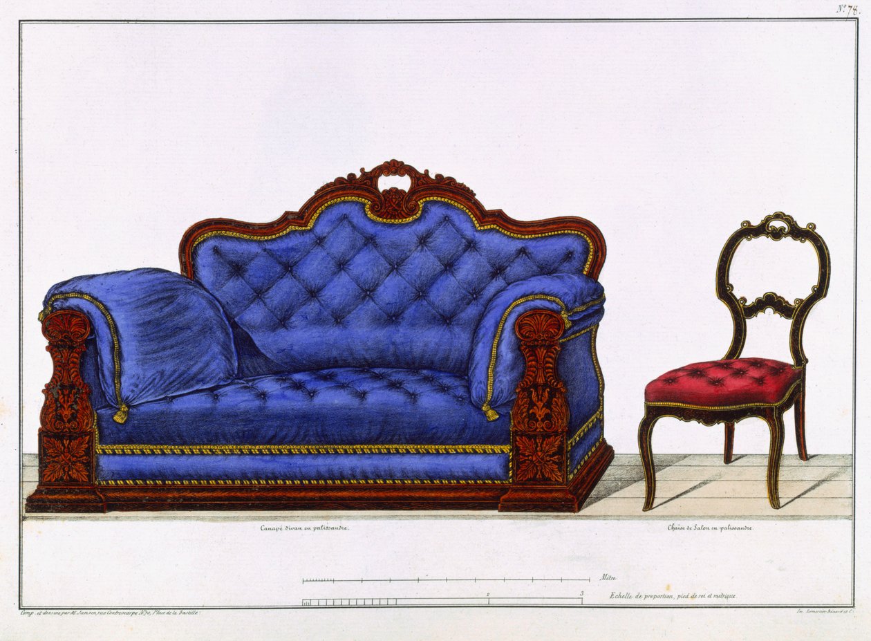 Francia kanapé és szék a Bútormodellektől és belső dekorációk bútorokhoz, Paris, Santi, M, 1828 alkotó: M. Santi