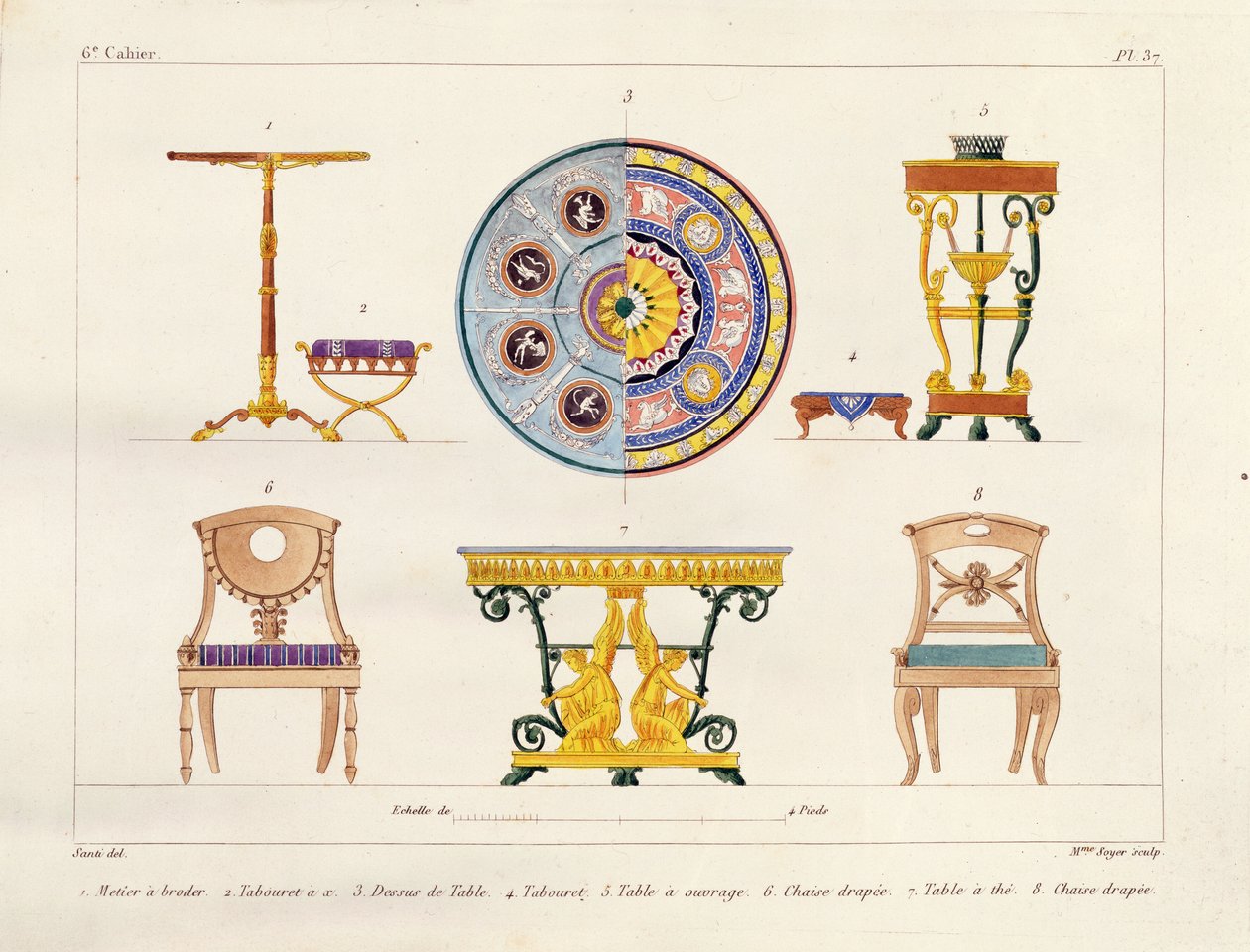 Bútortervek, Mme Soyer gravírozása, 37. tábla a „Modeles de Meubles et de decorations interieures pur les Meubles” kiadványból, 182841. alkotó: M. Santi