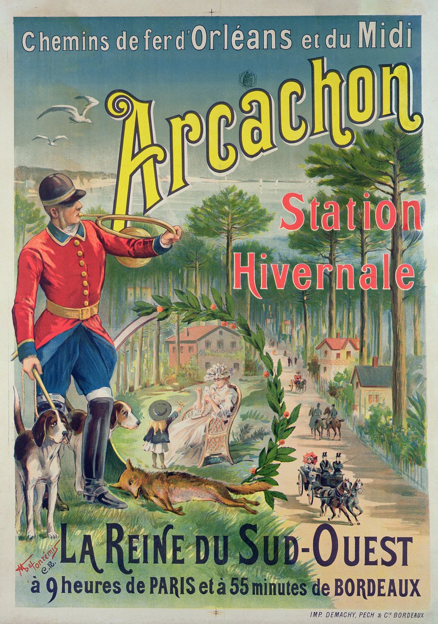 Arcachon tengerparti üdülőhelyet hirdető plakát, 1910 körül alkotó: M. de Fonremis